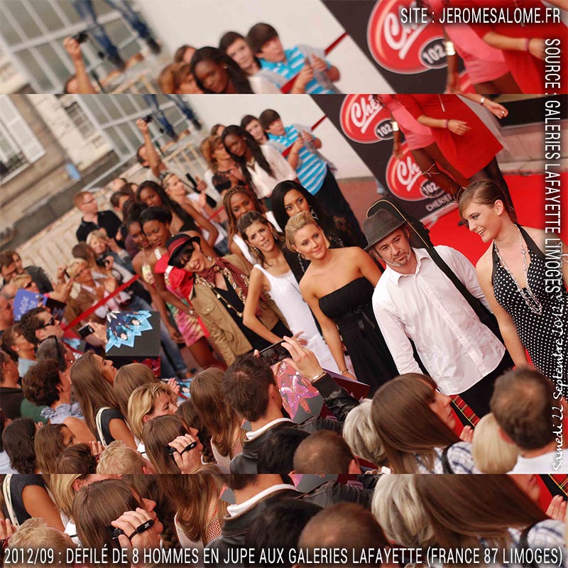 Défilé d'hommes en jupe aux Galeries Lafayette de Limoges