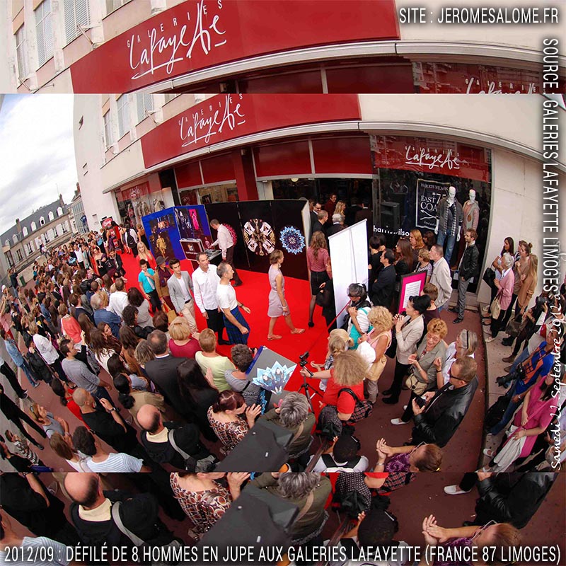 Défilé d'hommes en jupe aux Galeries Lafayette de Limoges