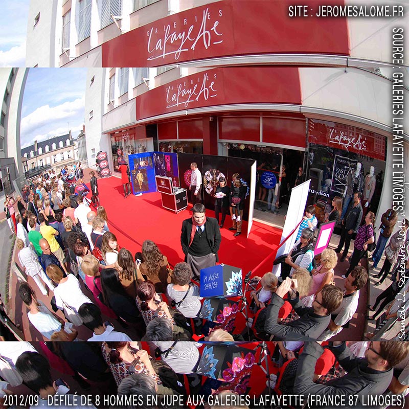Défilé d'hommes en jupe aux Galeries Lafayette de Limoges