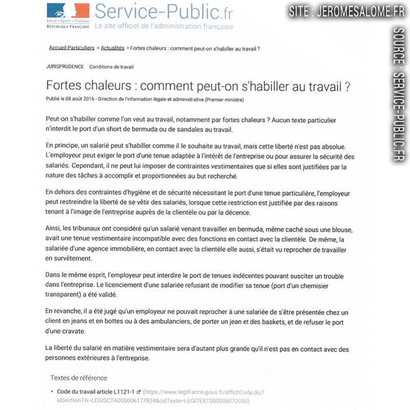 Publication Service-Public.fr : Fortes chaleurs : comment peut-on s'habiller au travail ?
