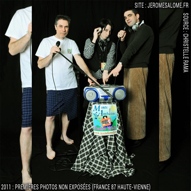 Deux hommes en jupe et une femme en pantalon, animateurs de radio, par Joaquim, Céline et Marc